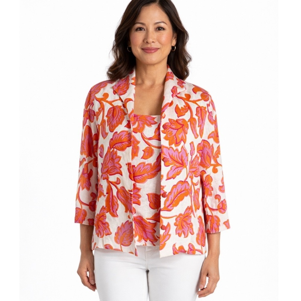 Connie Roberson Linen 2 Piece Floral Blazer Jacket and Top Size S